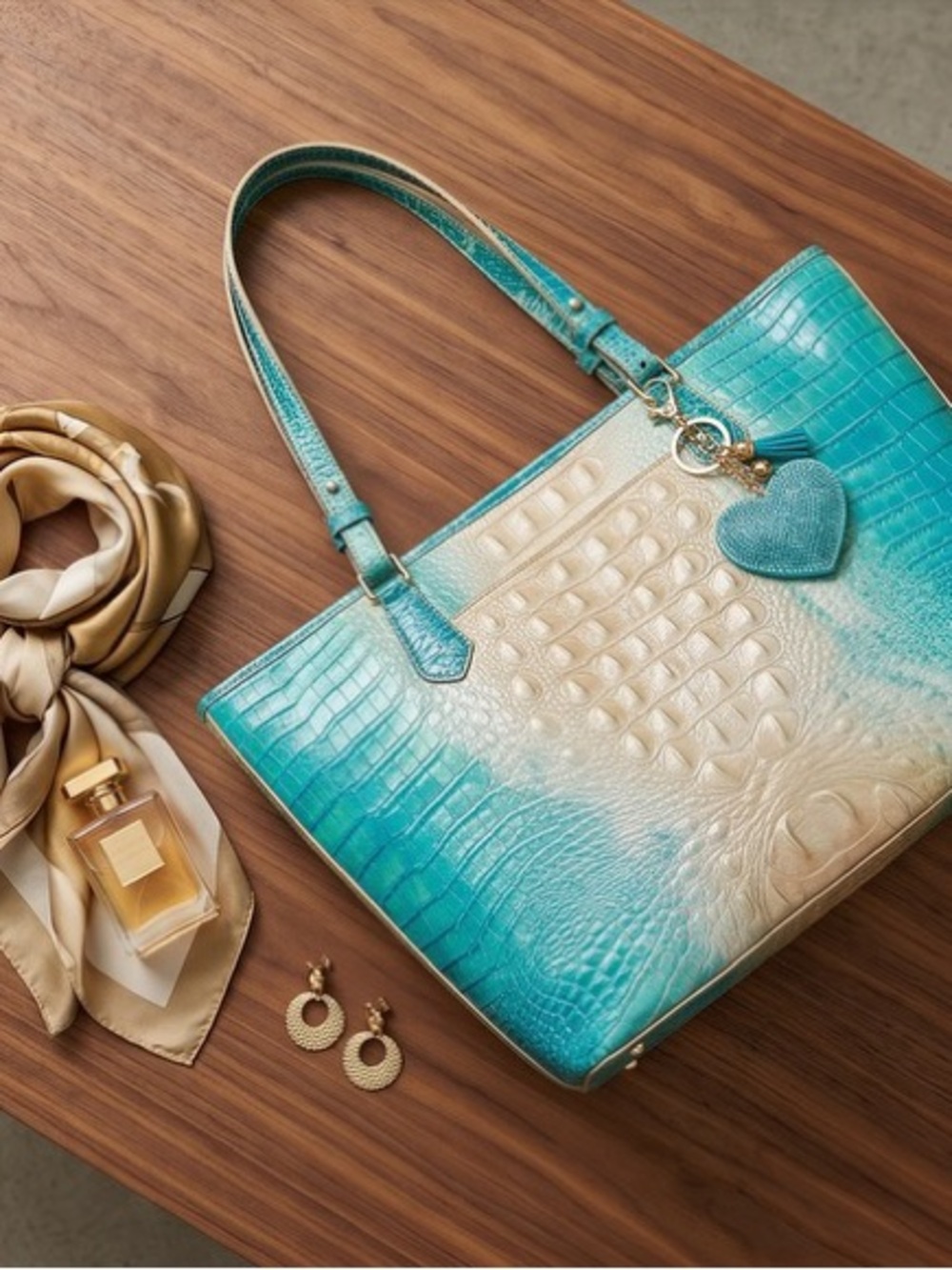 Brahmin Teal to Cream Ombre Croc-Embossed Tote with Dust bag and incert - Picture 14 of 15